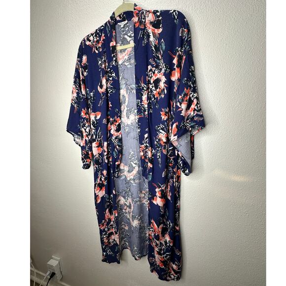 Splendid Navy Orange Ivory Multi Floral Short Sleeve Kimono Duster S - Picture 4 of 15